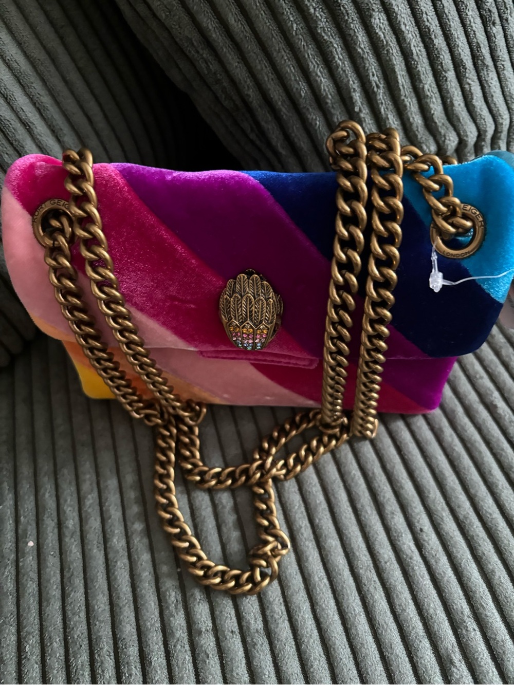 Colorblock Velvet Shoulder Bag with Brass Chain